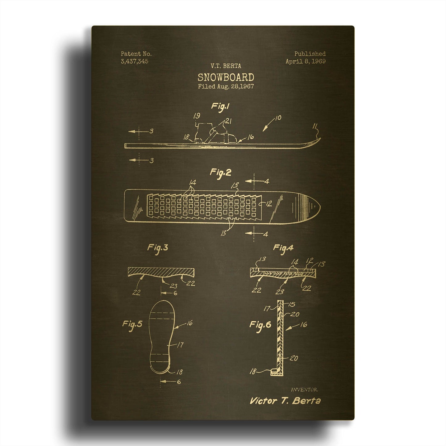 'Snowboard, 1969 Blueprint Chalkboard Patent' By LUXE Gold Metal Wall Art