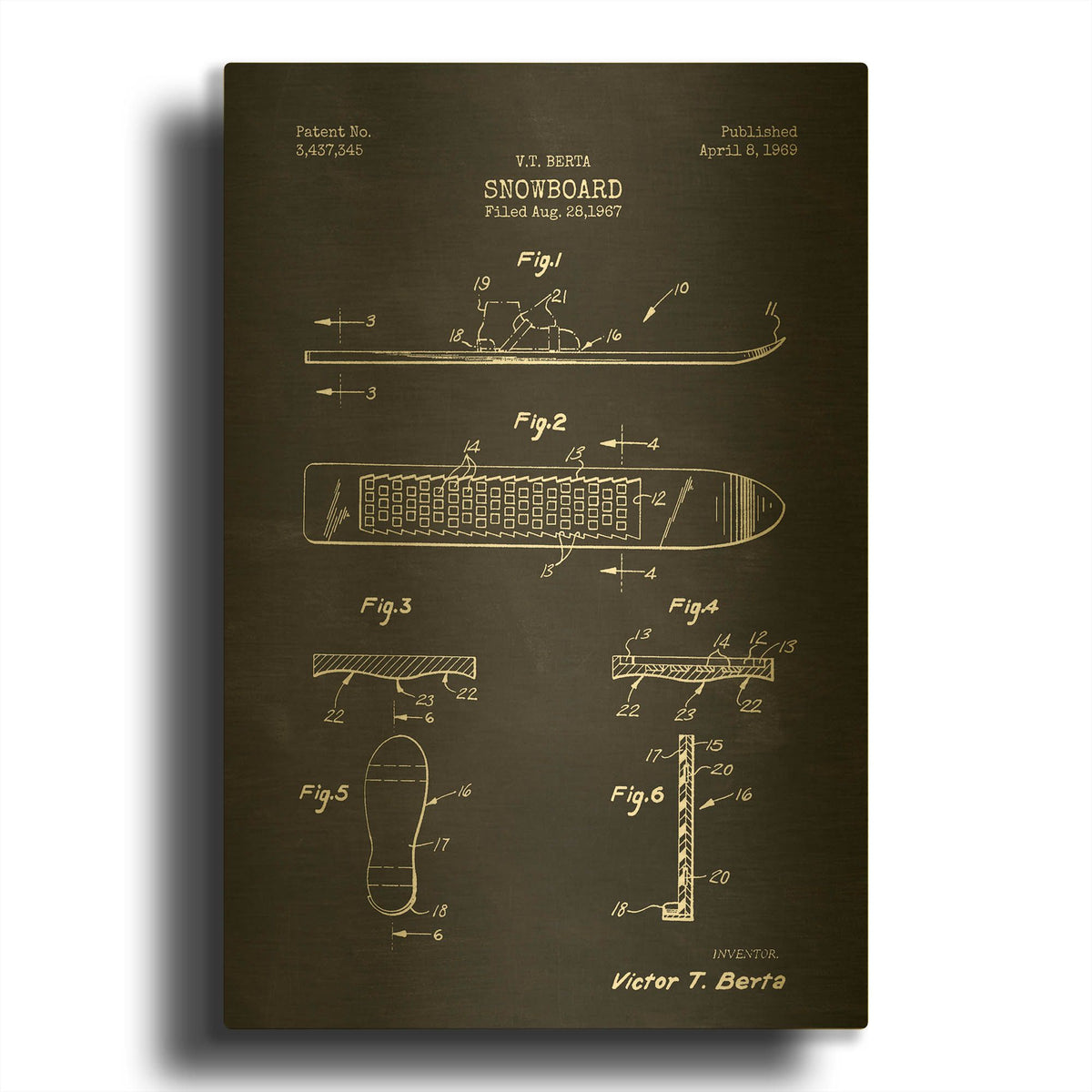 'Snowboard, 1969 Blueprint Chalkboard Patent' By LUXE Gold Metal Wall Art