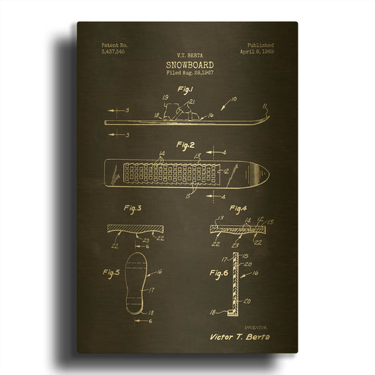 'Snowboard, 1969 Blueprint Chalkboard Patent' By LUXE Gold Metal Wall Art