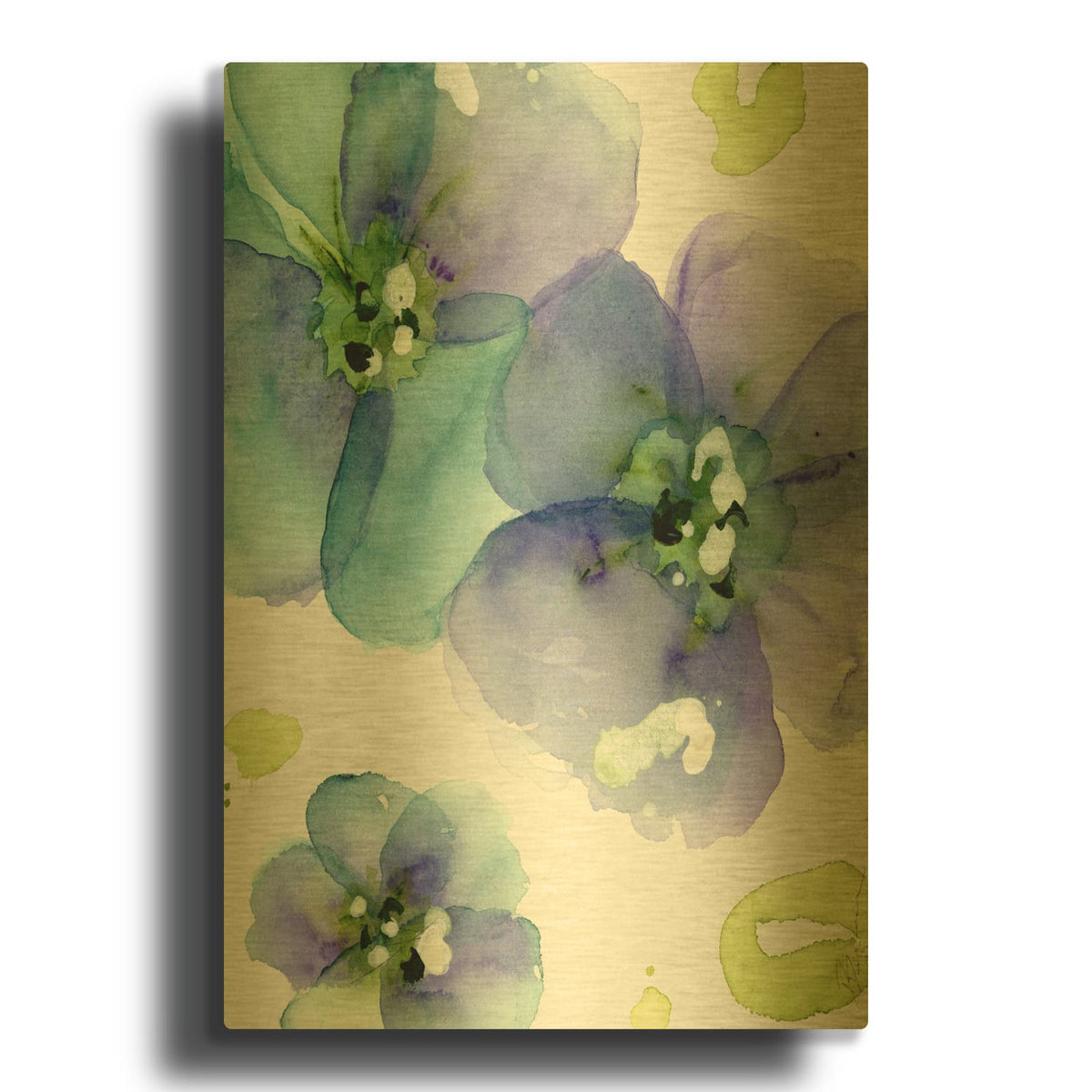 'Blue Flowers' By Dawn Derman Gold Metal Wall Art