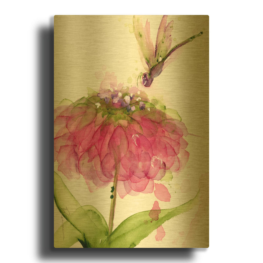 'Dragonfly and Zinnia' By Dawn Derman Gold Metal Wall Art