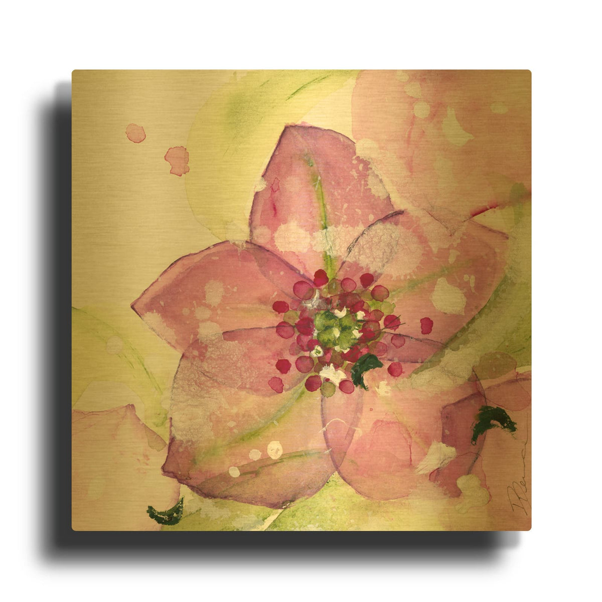 'Pink Flower in the Snow' By Dawn Derman Gold Metal Wall Art