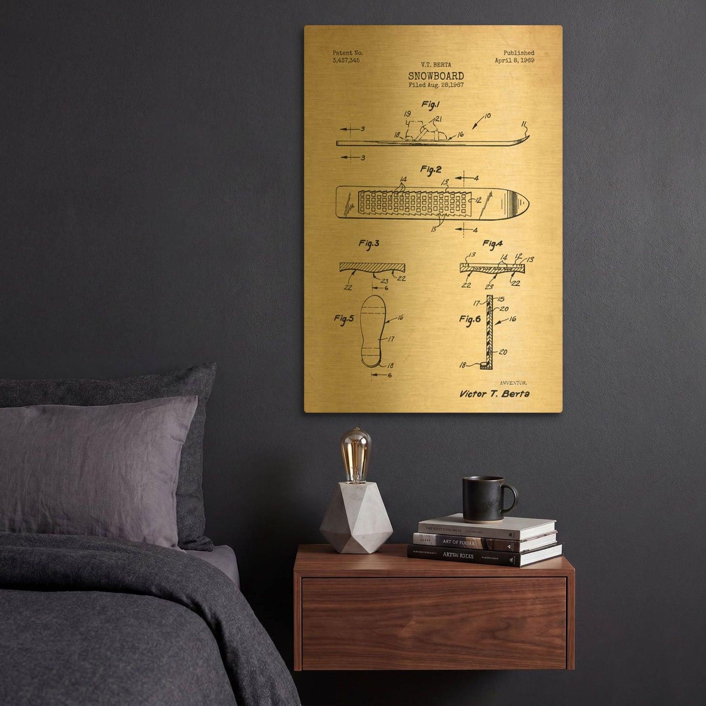 'Snowboard, 1969 Blueprint Parchment Patent' By LUXE Gold Metal Wall Art