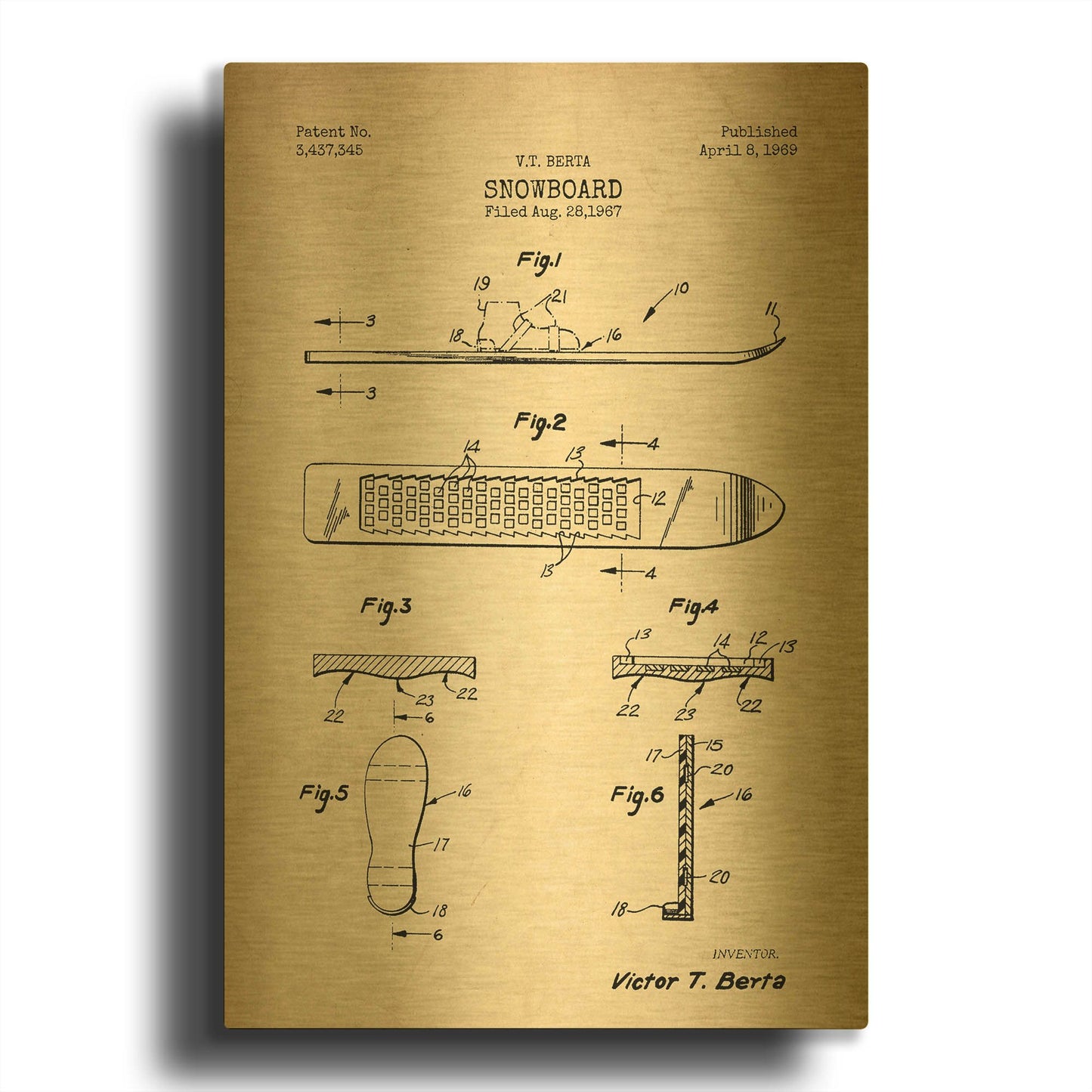 'Snowboard, 1969 Blueprint Parchment Patent' By LUXE Gold Metal Wall Art