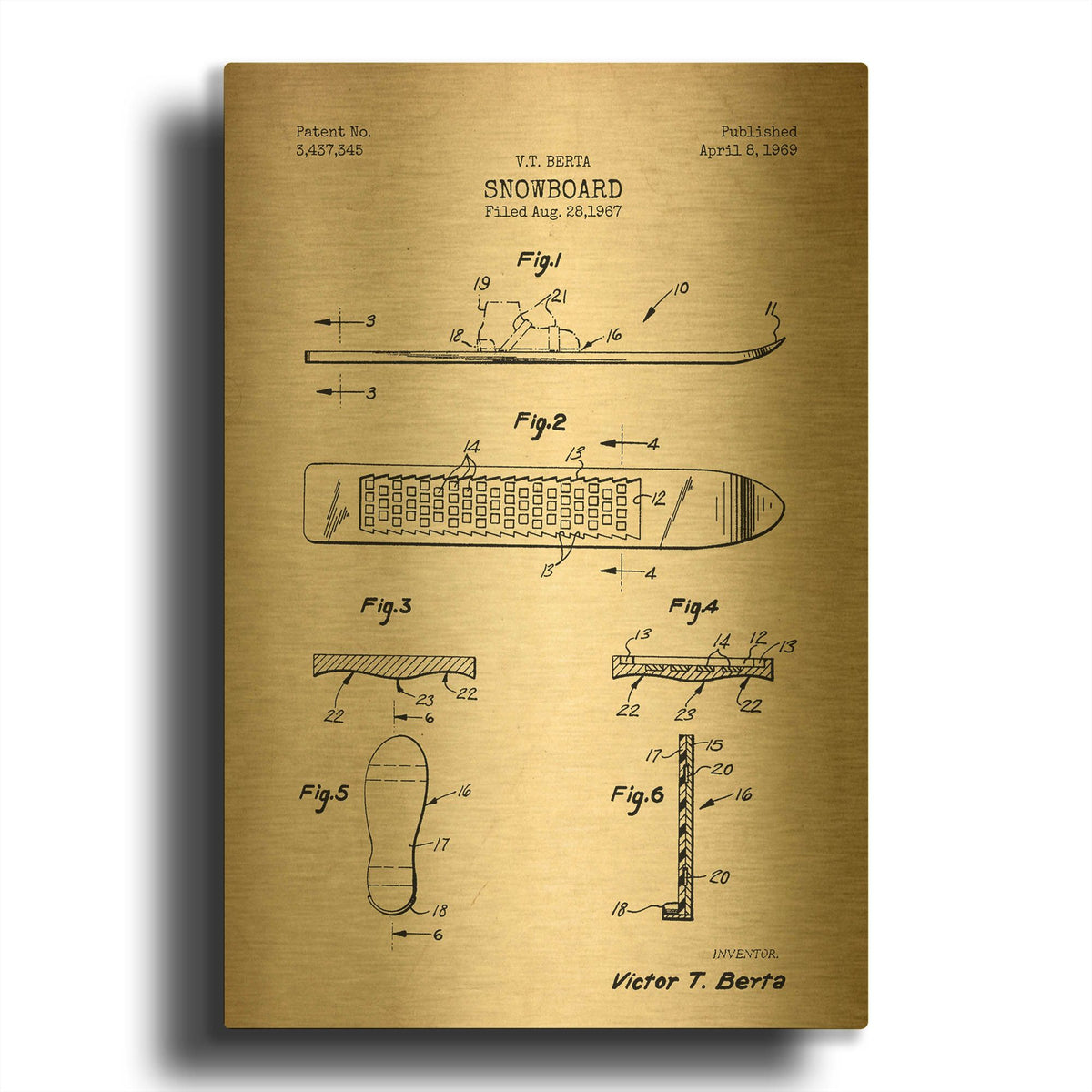 'Snowboard, 1969 Blueprint Parchment Patent' By LUXE Gold Metal Wall Art