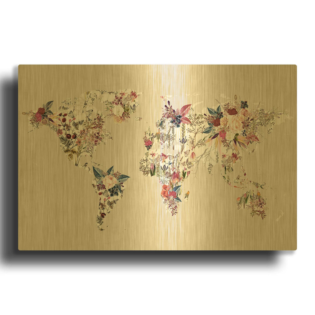 'Worldmap Flowers (Light) MF969-2070' By Design Fabrikken Gold Metal Wall Art