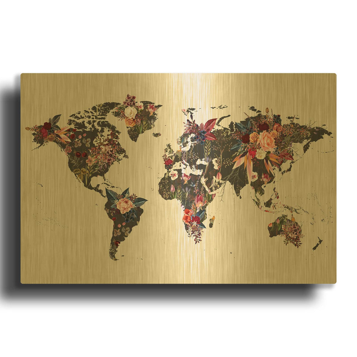 'Worldmap Flowers MF969-1075' By Design Fabrikken Gold Metal Wall Art