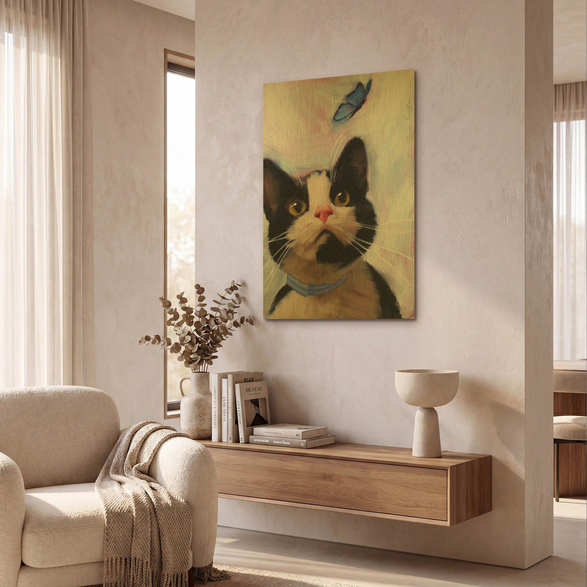 'Cat and Butterfly' By Diane Hoeptner Gold Metal Wall Art
