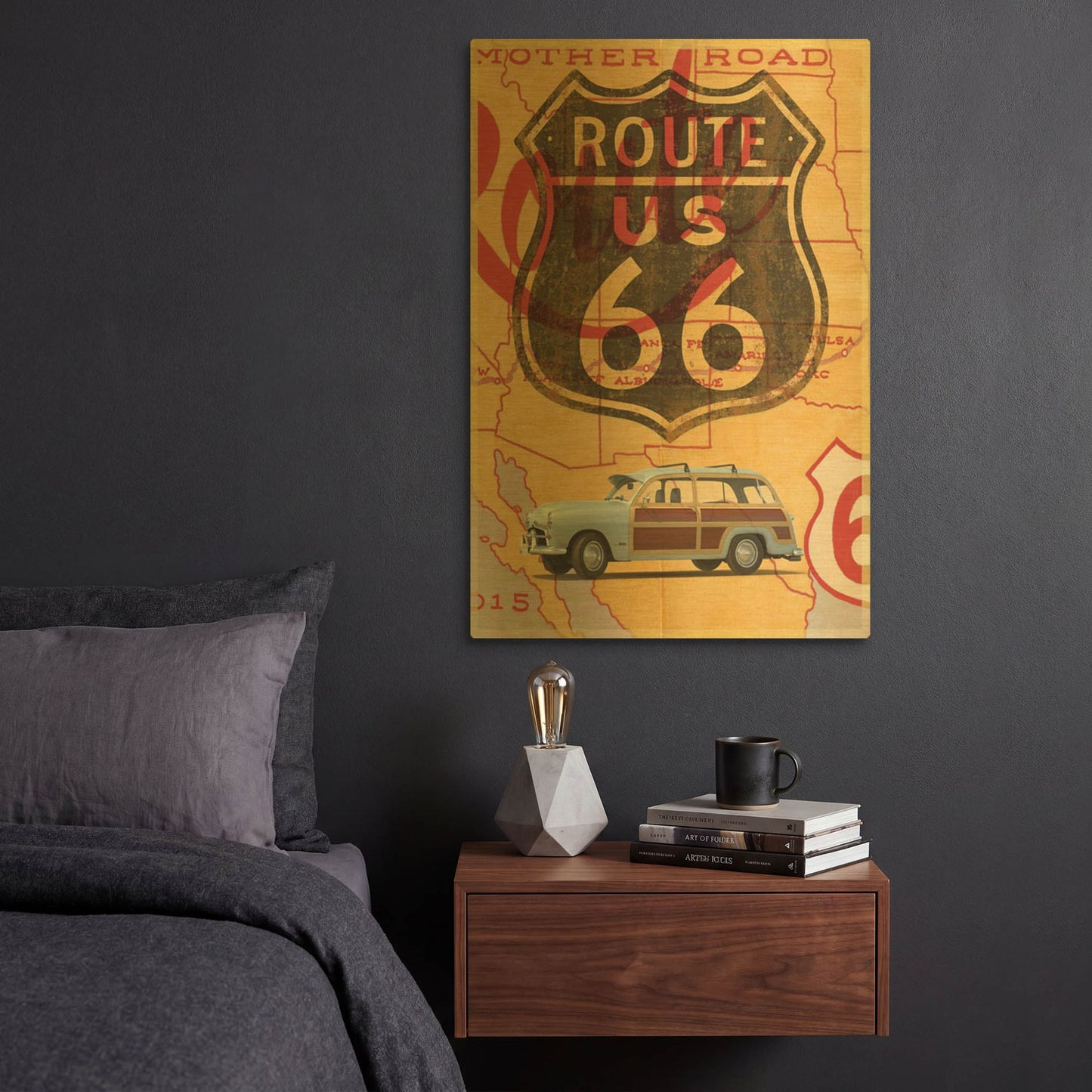'Route 66 Vintage Postcard' By Edward M. Fielding Gold Metal Wall Art