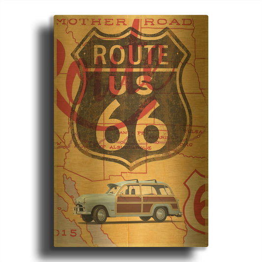 'Route 66 Vintage Postcard' By Edward M. Fielding Gold Metal Wall Art