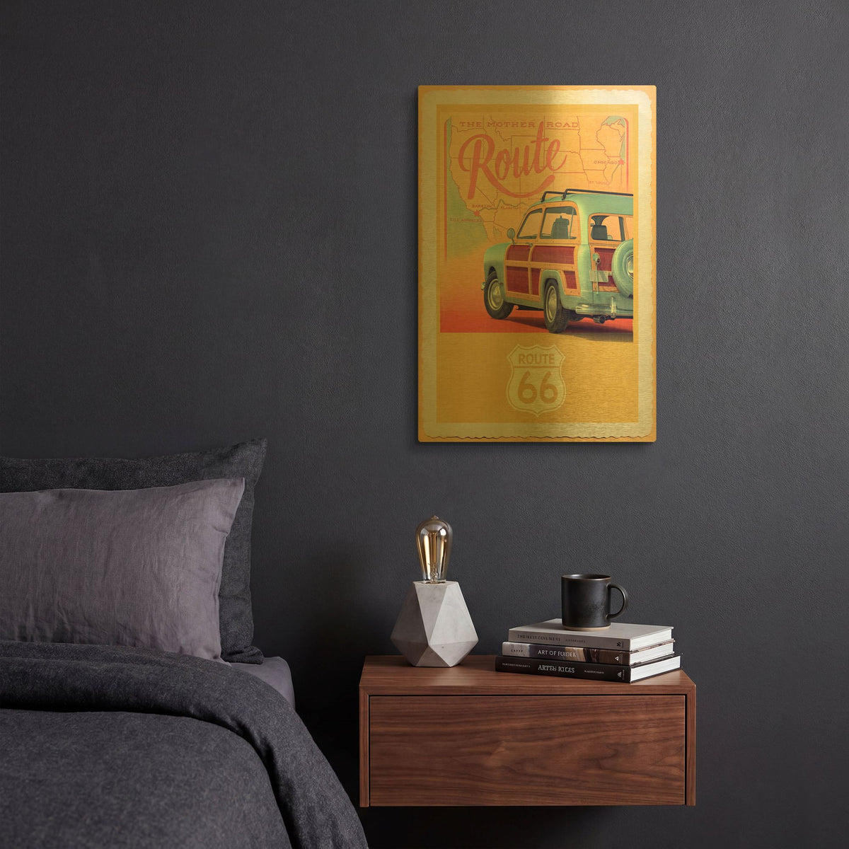 'Route 66 Vintage Travel' By Edward M. Fielding Gold Metal Wall Art