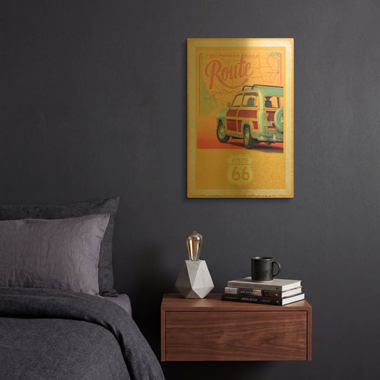 'Route 66 Vintage Travel' By Edward M. Fielding Gold Metal Wall Art