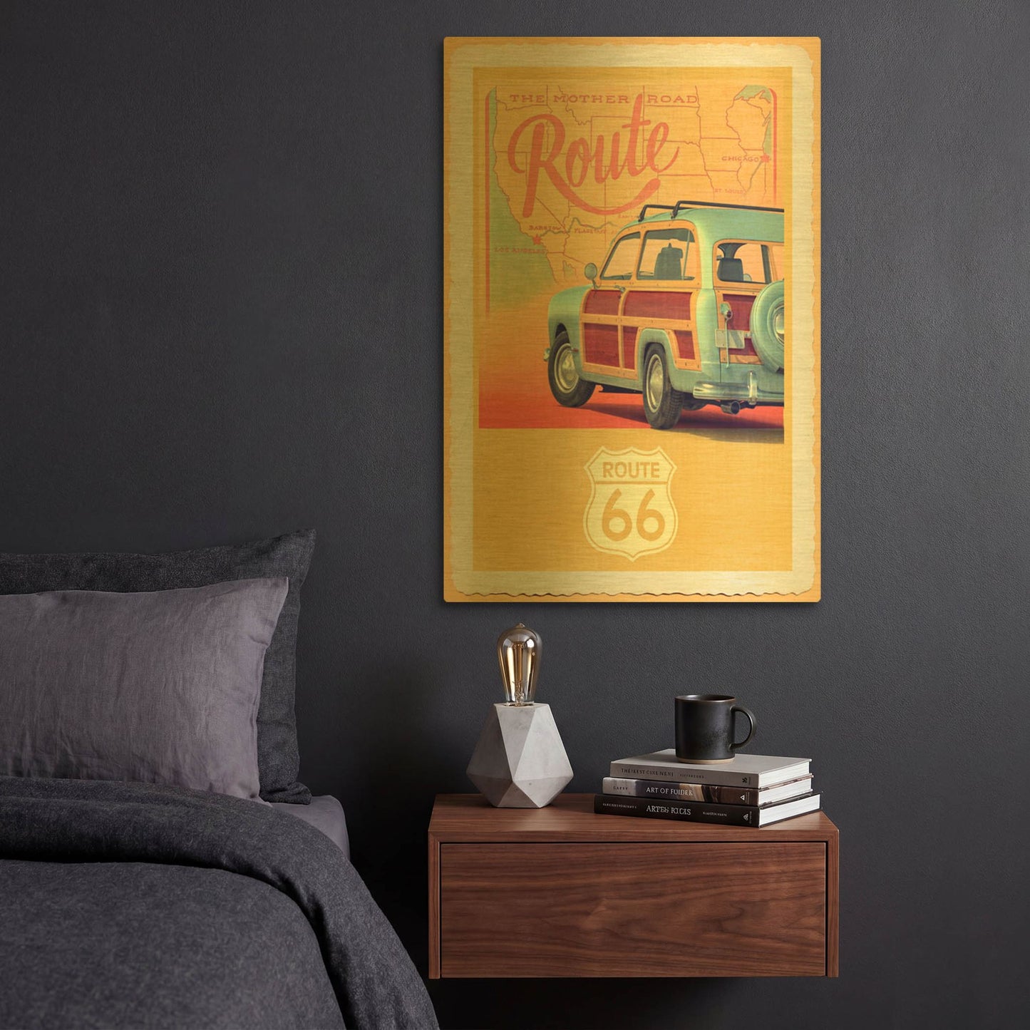 'Route 66 Vintage Travel' By Edward M. Fielding Gold Metal Wall Art