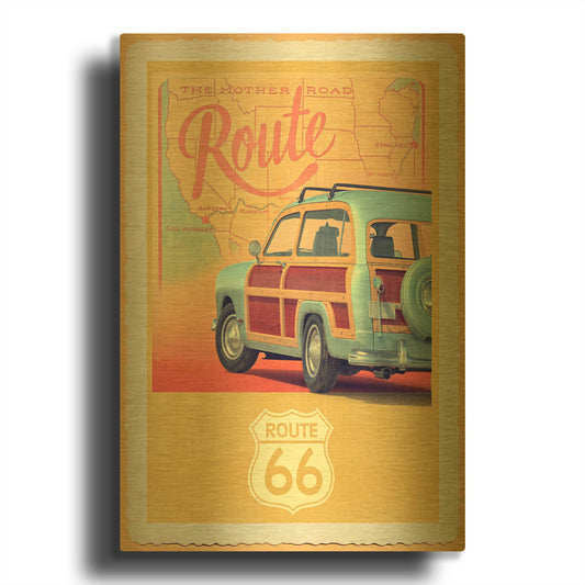 'Route 66 Vintage Travel' By Edward M. Fielding Gold Metal Wall Art