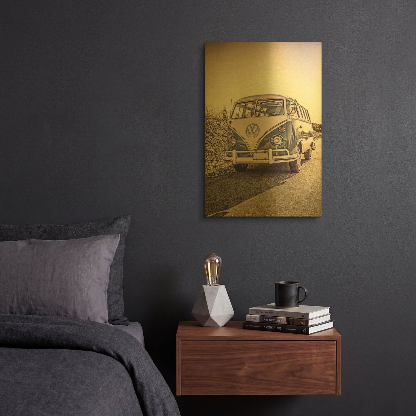 'Surfers’ Vintage VW Bus' By Edward M. Fielding Gold Metal Wall Art