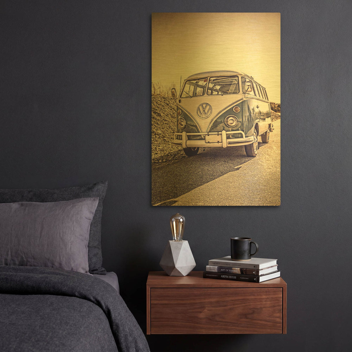 'Surfers’ Vintage VW Bus' By Edward M. Fielding Gold Metal Wall Art