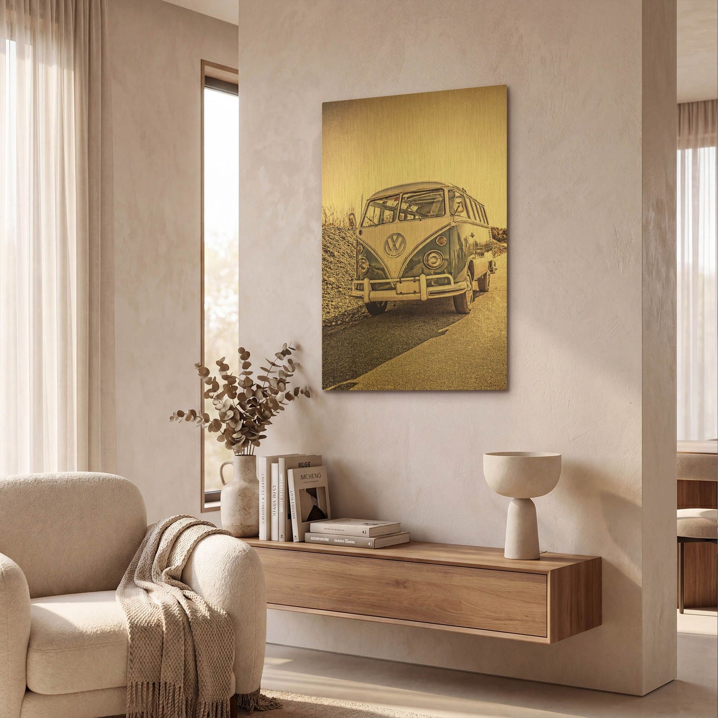 'Surfers’ Vintage VW Bus' By Edward M. Fielding Gold Metal Wall Art