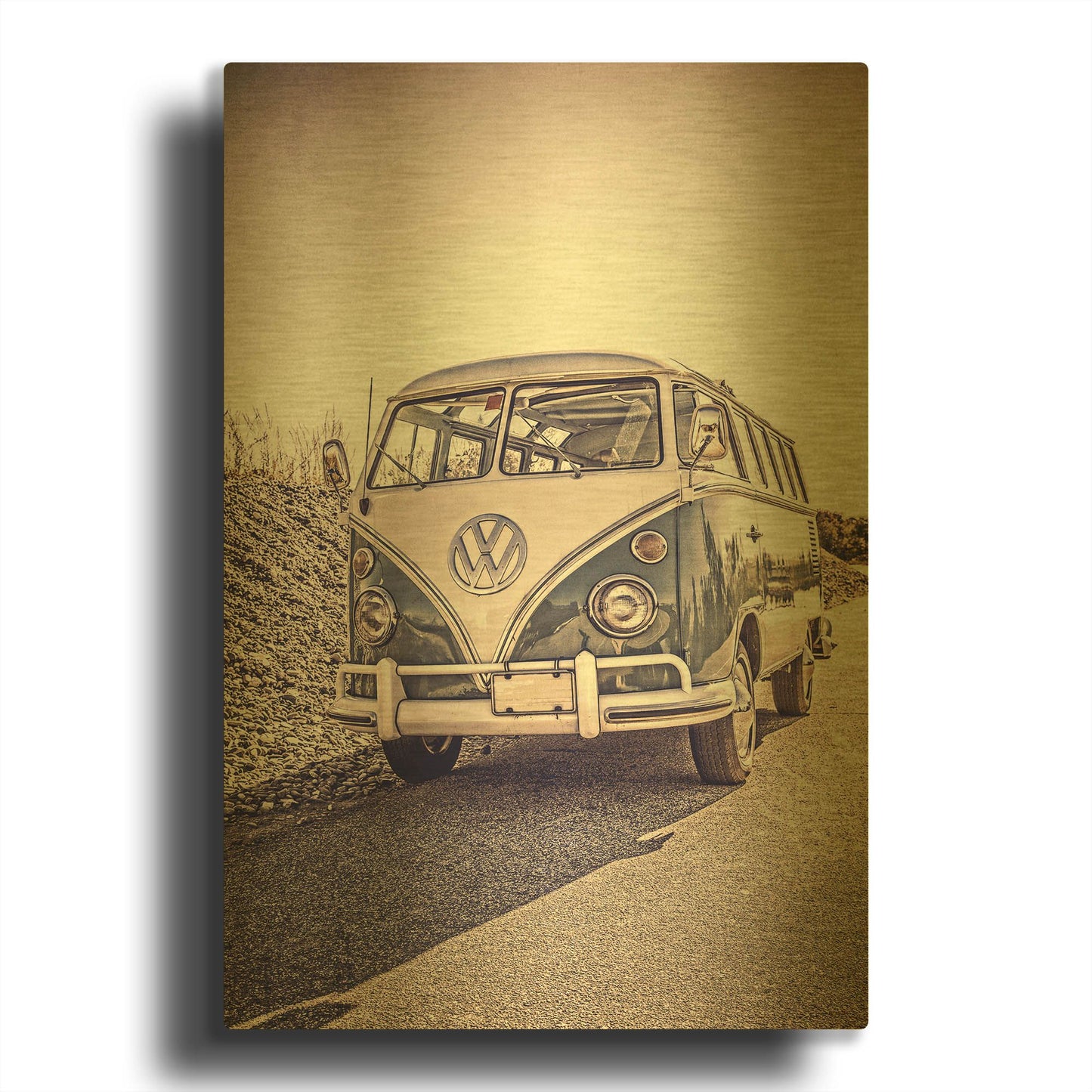 'Surfers’ Vintage VW Bus' By Edward M. Fielding Gold Metal Wall Art