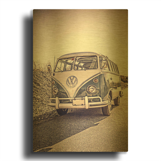 'Surfers’ Vintage VW Bus' By Edward M. Fielding Gold Metal Wall Art