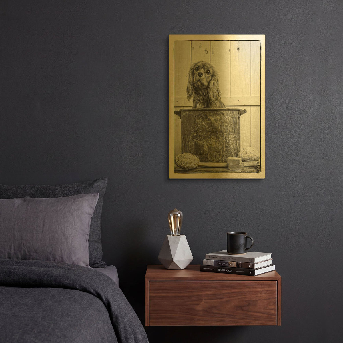 'Vintage Puppy Bath' By Edward M. Fielding Gold Metal Wall Art
