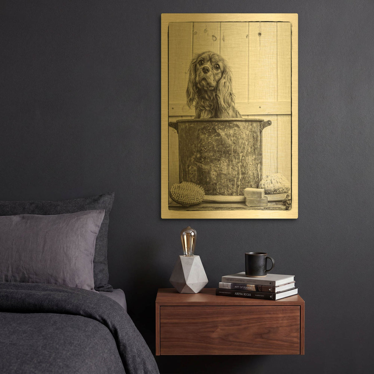 'Vintage Puppy Bath' By Edward M. Fielding Gold Metal Wall Art