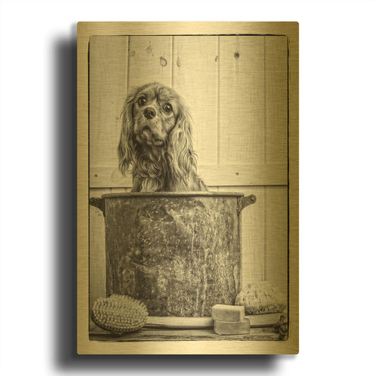'Vintage Puppy Bath' By Edward M. Fielding Gold Metal Wall Art