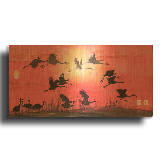 'Siege of Cranes' By River Han Gold Metal Wall Art