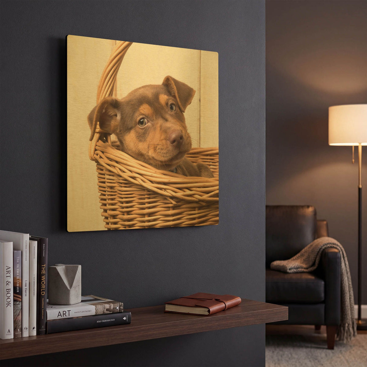 'Puppy in a Basket' By Edward M. Fielding Gold Metal Wall Art