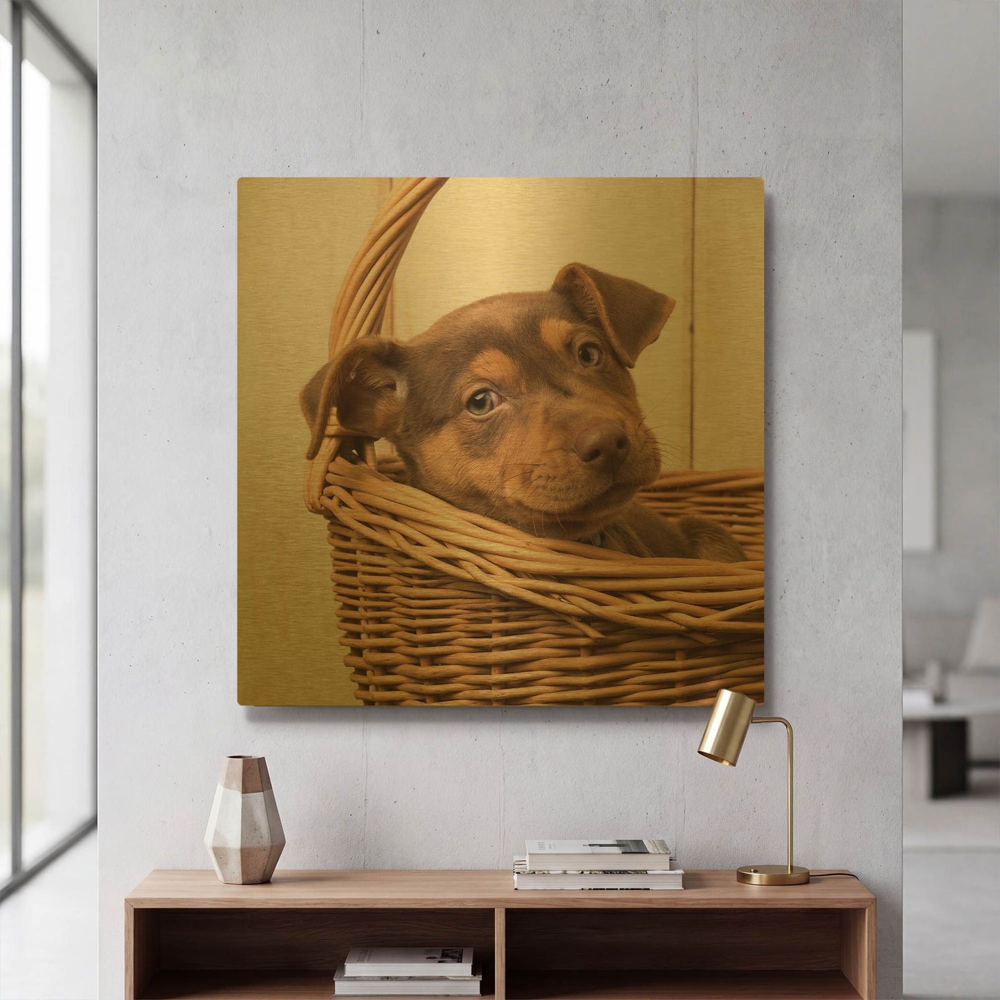 'Puppy in a Basket' By Edward M. Fielding Gold Metal Wall Art