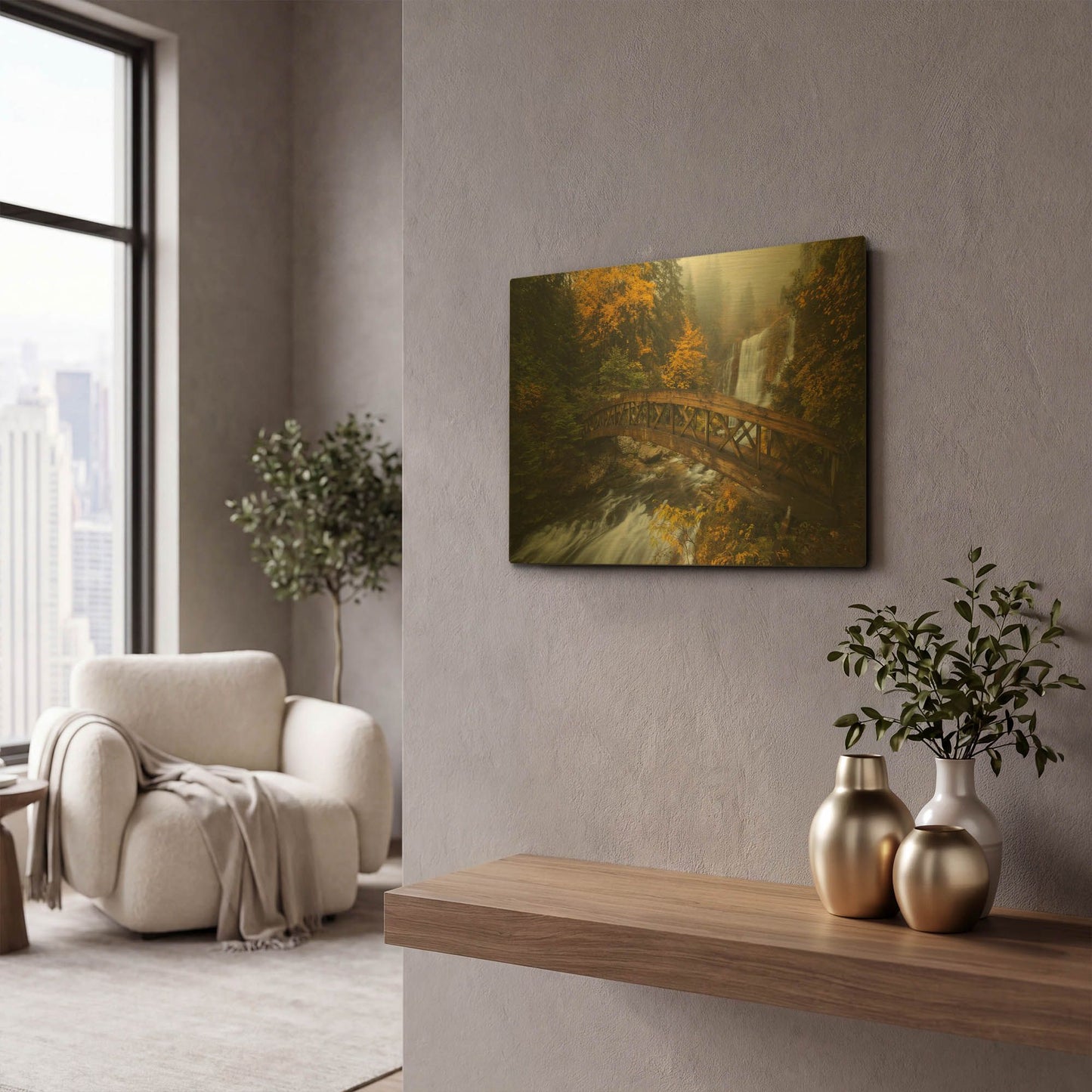 'A Bridge in the Forest' By Enrico Fossati Gold Metal Wall Art