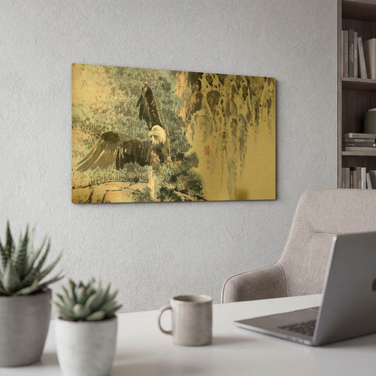 'Bald Eagle Over Cascading Waterfalls' By River Han Gold Metal Wall Art