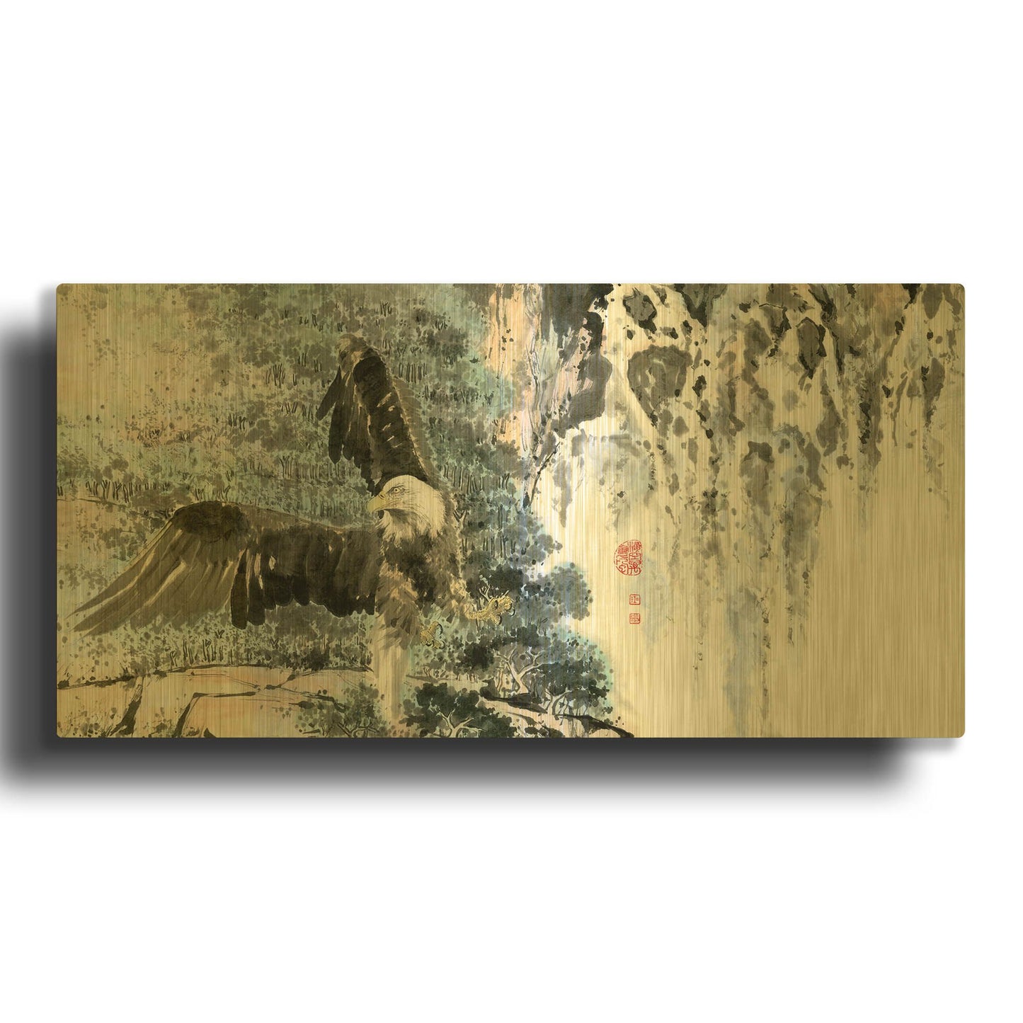 'Bald Eagle Over Cascading Waterfalls' By River Han Gold Metal Wall Art