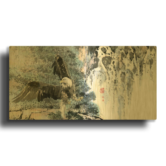 'Bald Eagle Over Cascading Waterfalls' By River Han Gold Metal Wall Art