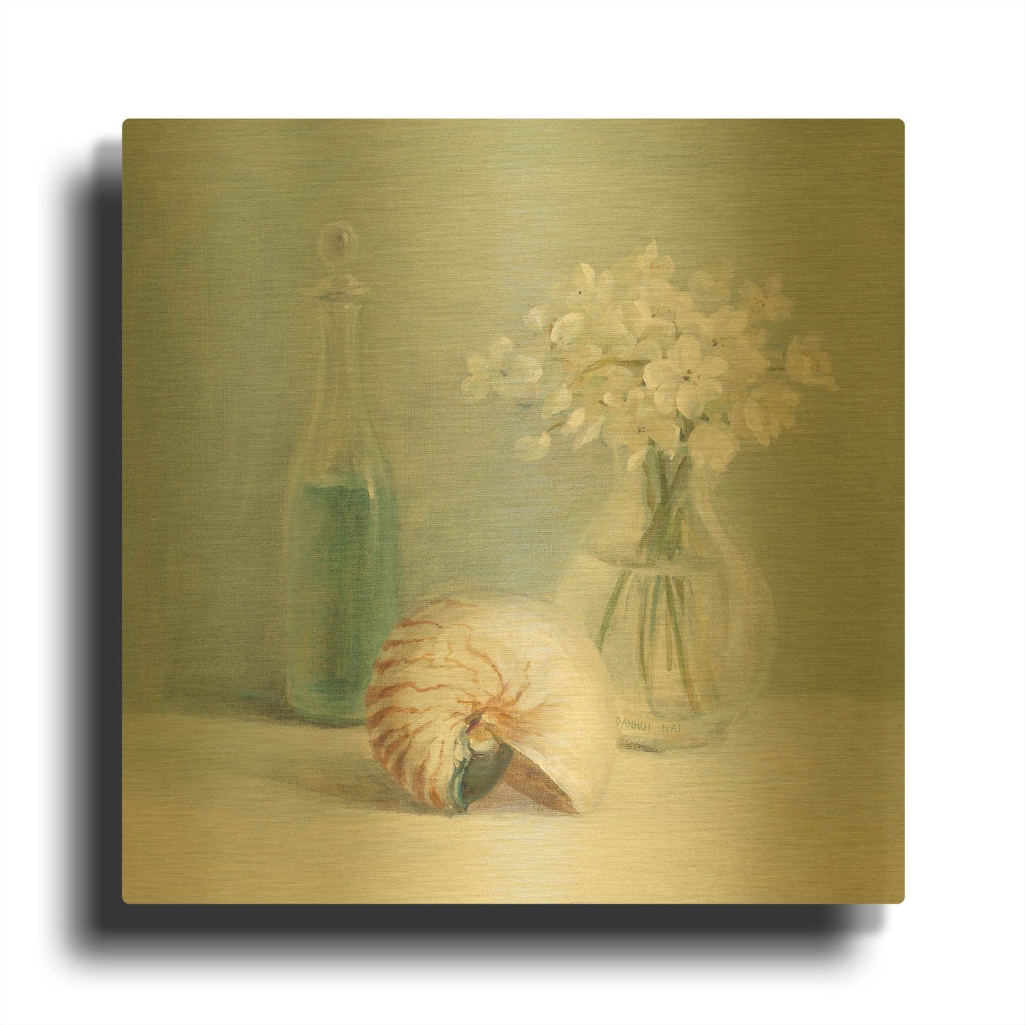 'White Flower Spa' By Danhui Nai Gold Metal Wall Art
