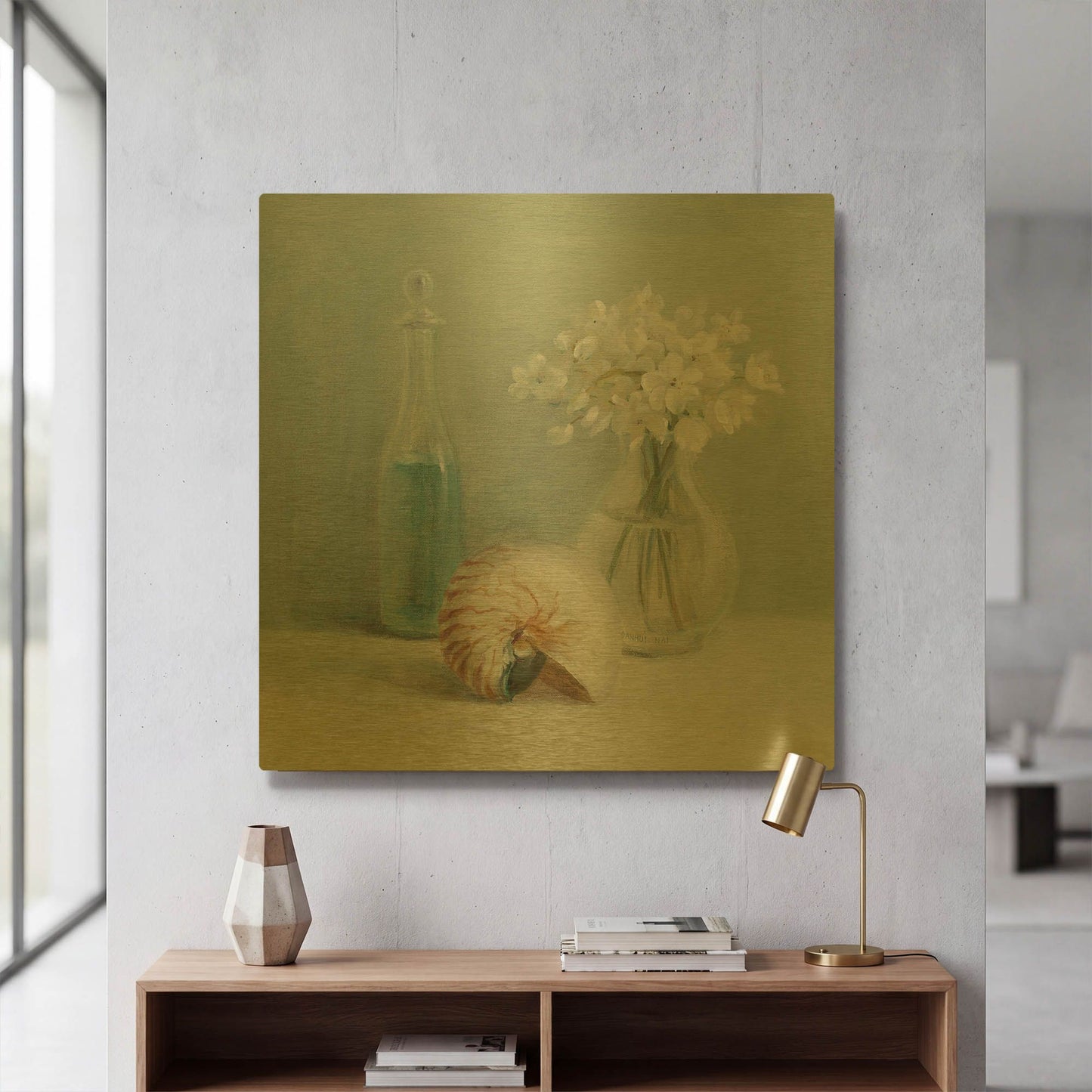 'White Flower Spa' By Danhui Nai Gold Metal Wall Art