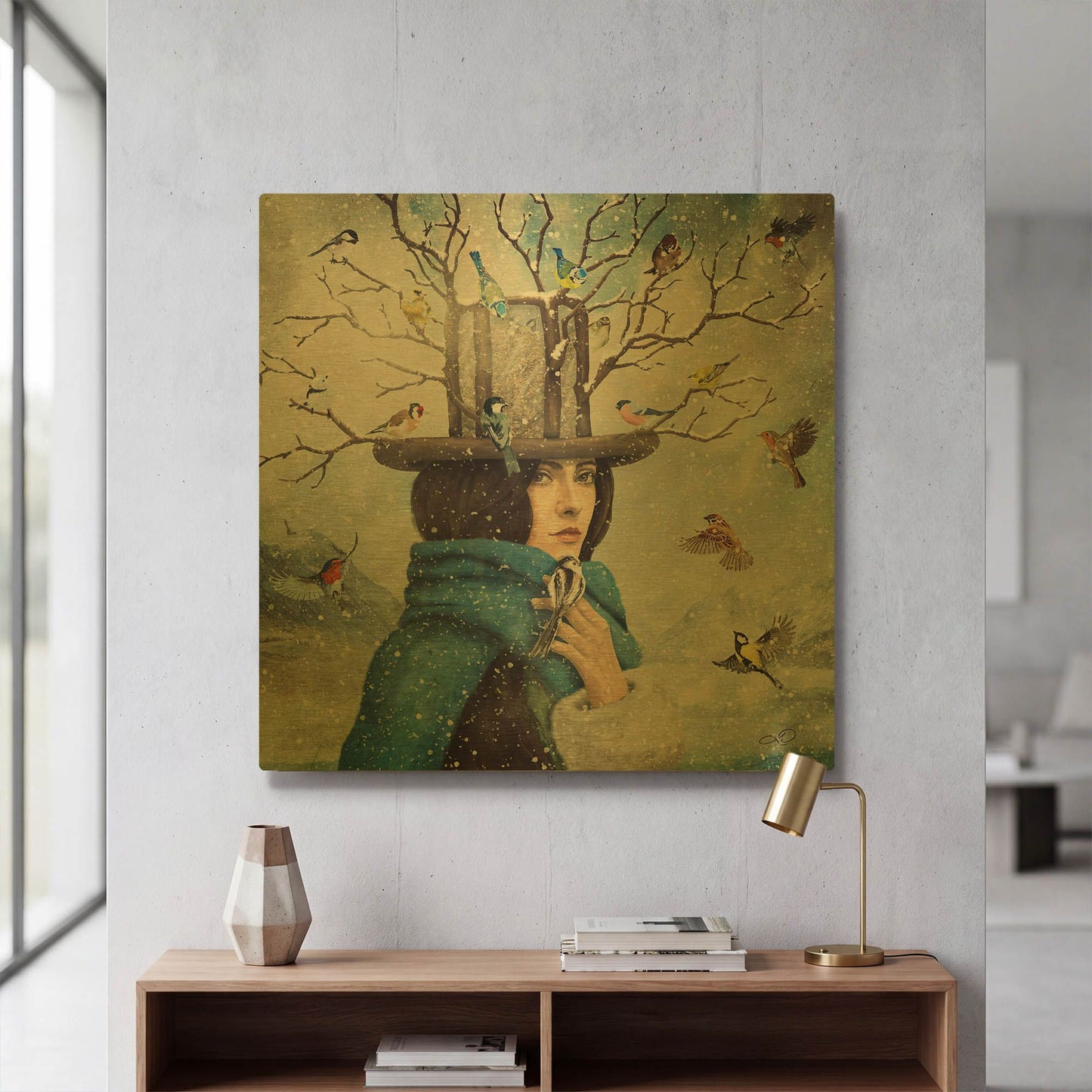 'The Lady With The Bird Feeder Hat' By Paula Belle Flores Gold Metal Wall Art