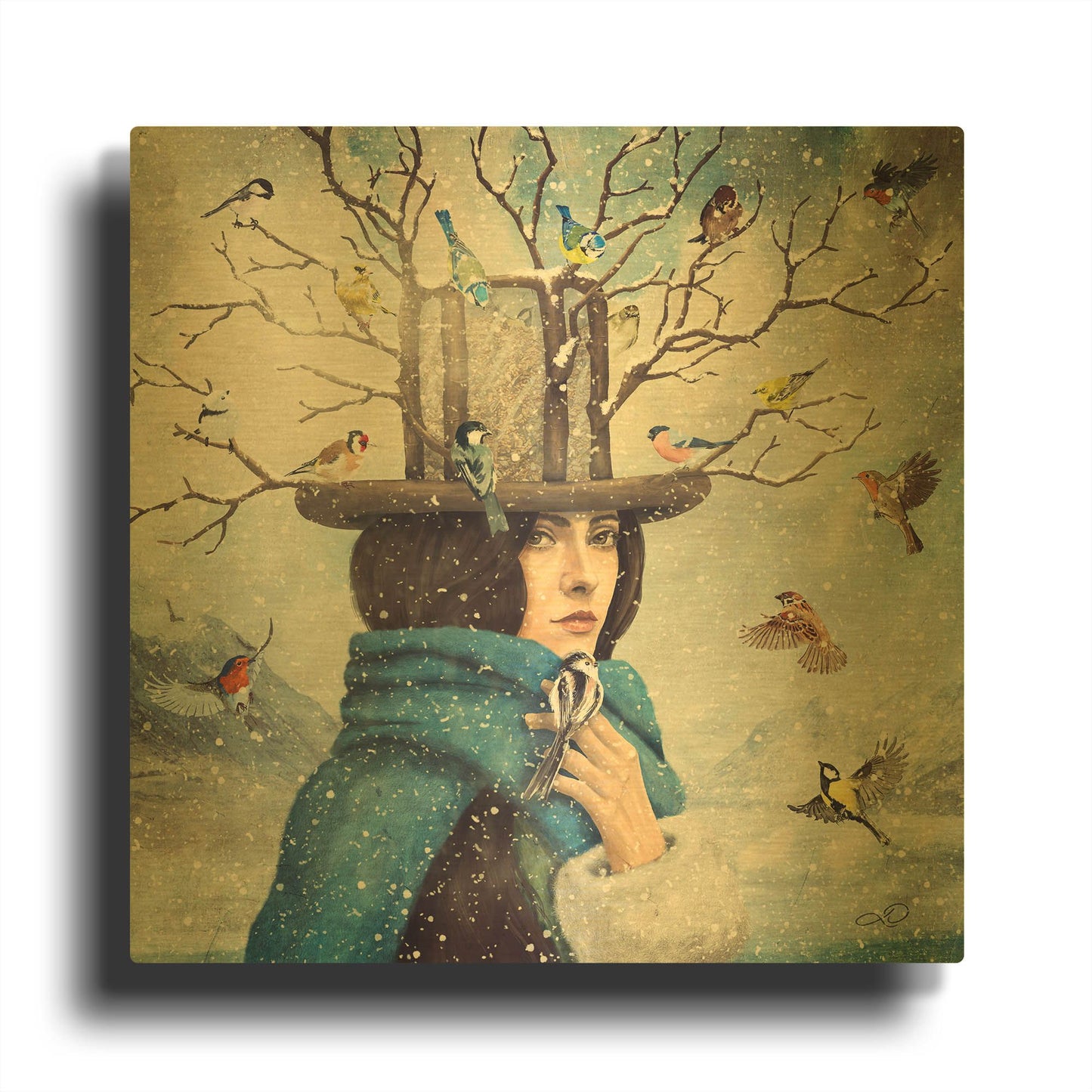 'The Lady With The Bird Feeder Hat' By Paula Belle Flores Gold Metal Wall Art