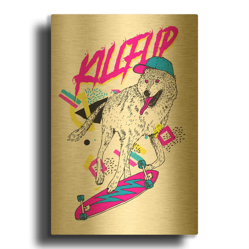 'Kickflip Wolf' By Robert Farkas Gold Metal Wall Art