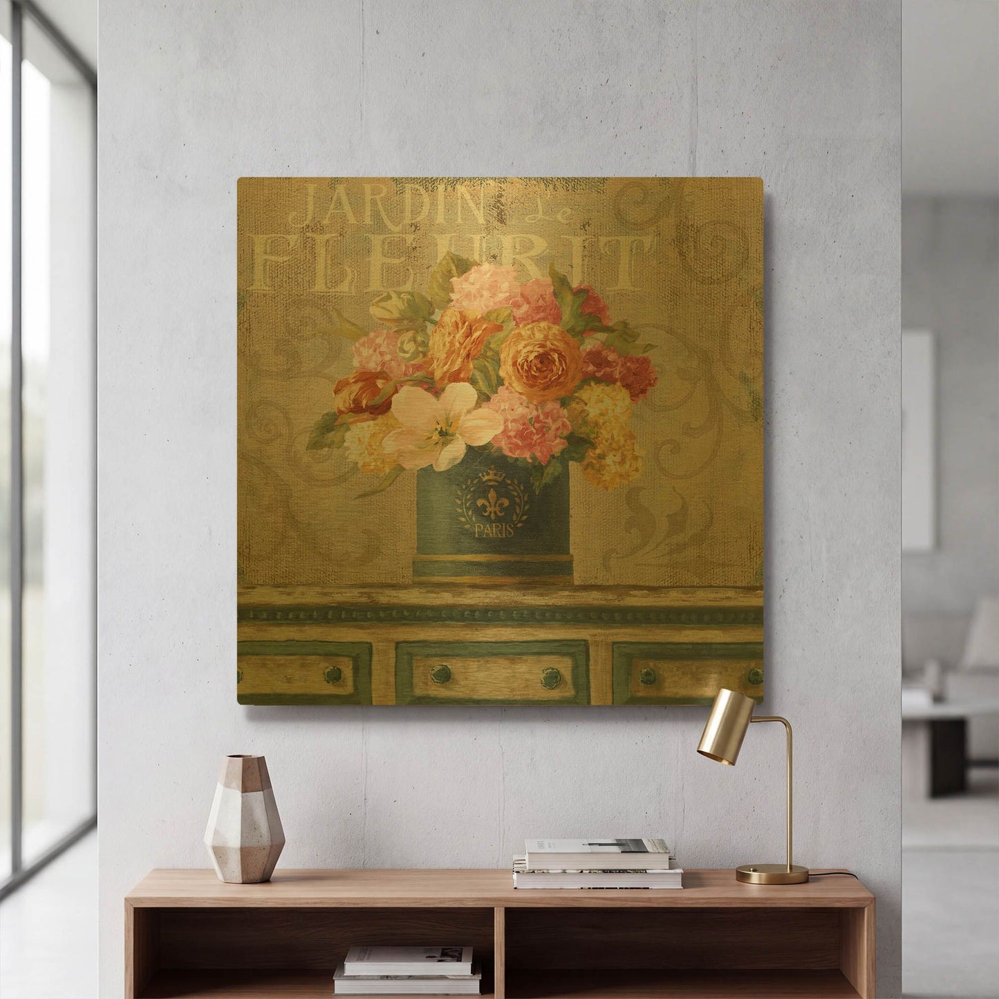 'Tulips in Teal and Gold Hatbox' By Danhui Nai Gold Metal Wall Art