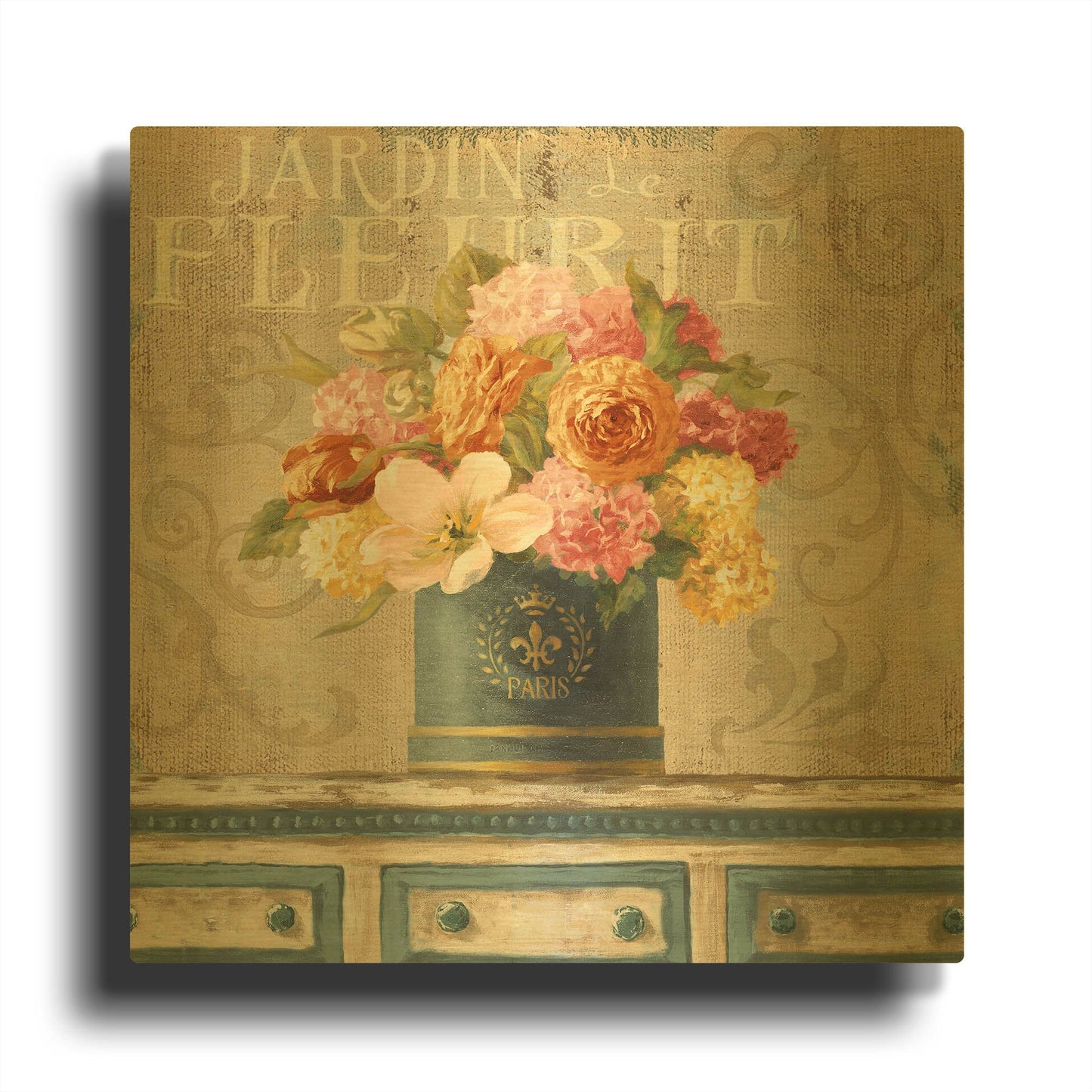 'Tulips in Teal and Gold Hatbox' By Danhui Nai Gold Metal Wall Art