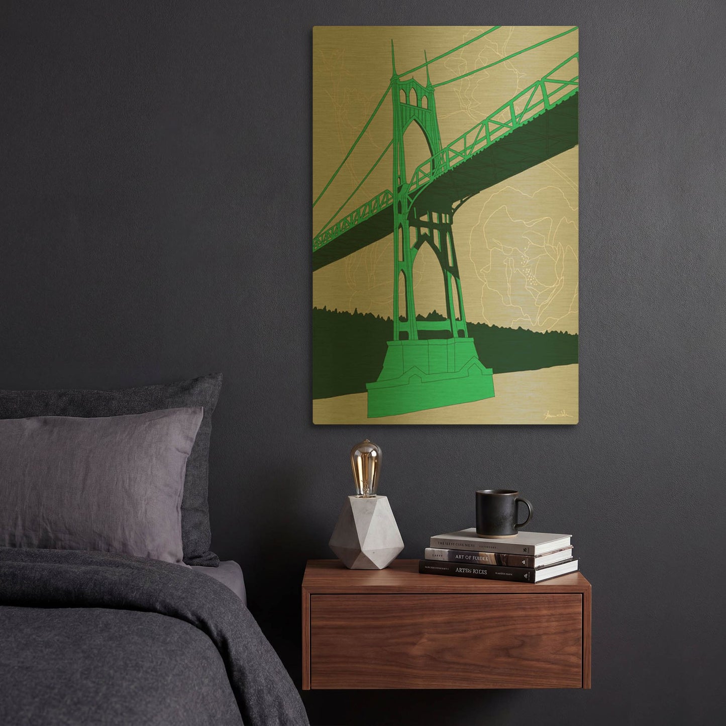 'St. Johns Bridge - Portland D2047D' By Shane Donahue Gold Metal Wall Art