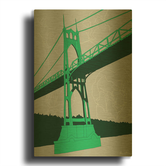 'St. Johns Bridge - Portland D2047D' By Shane Donahue Gold Metal Wall Art
