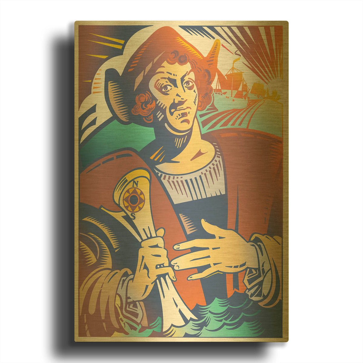 'Christopher Columbus' By David Chestnutt Gold Metal Wall Art