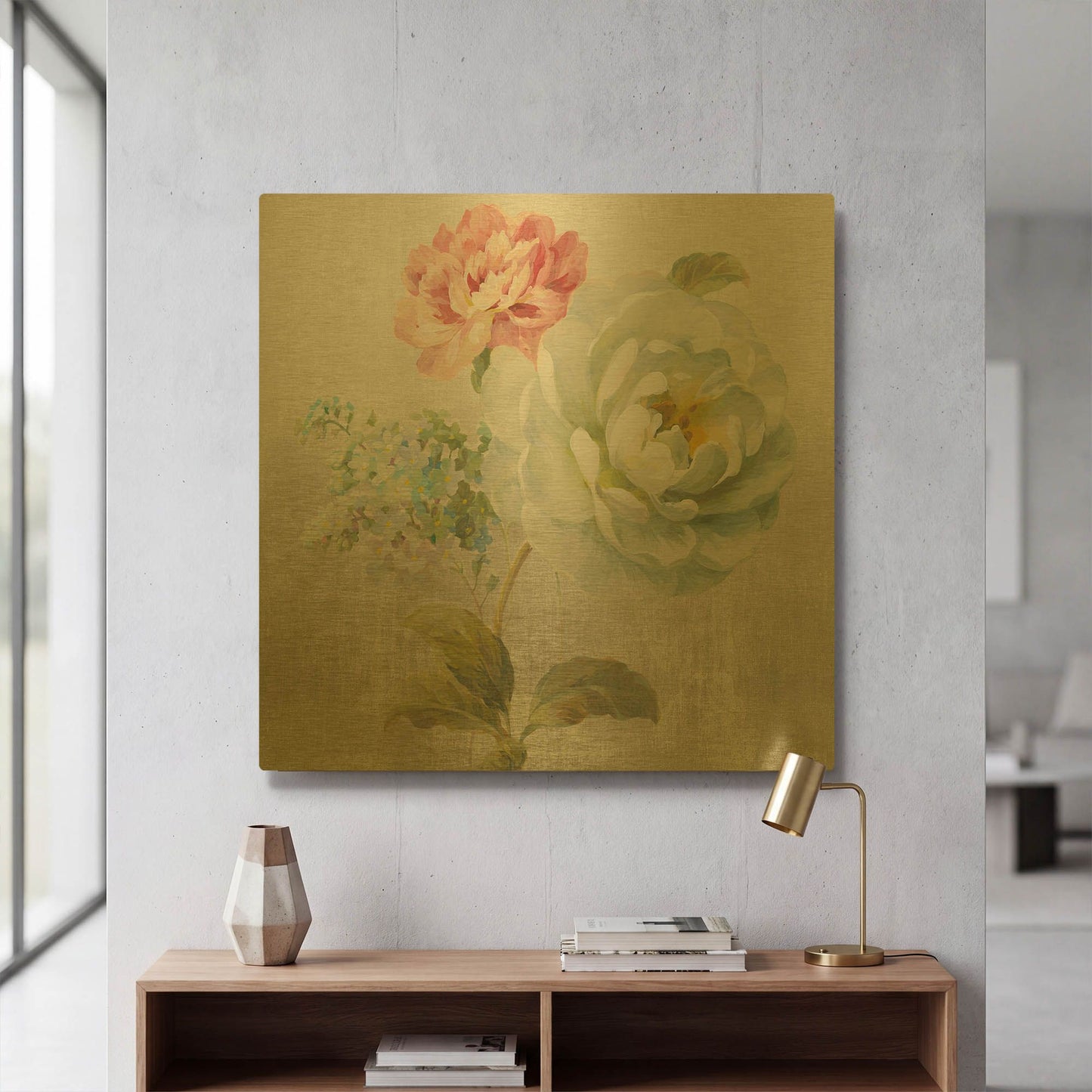 'Textile Floral Square I No Lace' By Danhui Nai Gold Metal Wall Art