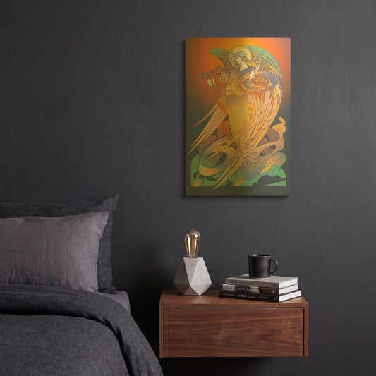 'New Angel With Harp' By David Chestnutt Gold Metal Wall Art