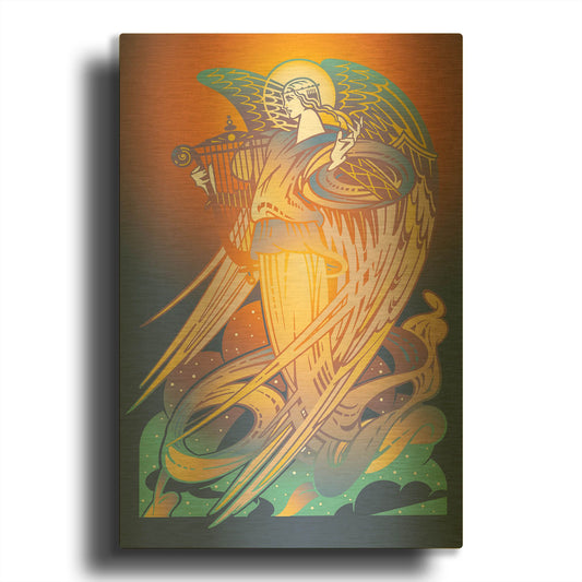 'New Angel With Harp' By David Chestnutt Gold Metal Wall Art