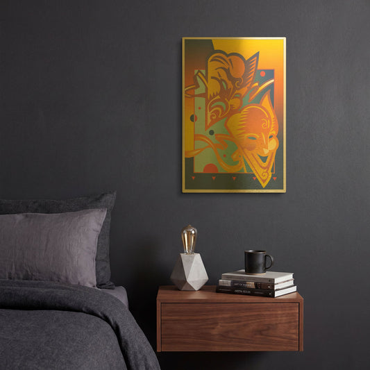 'Theatre Masks' By David Chestnutt Gold Metal Wall Art