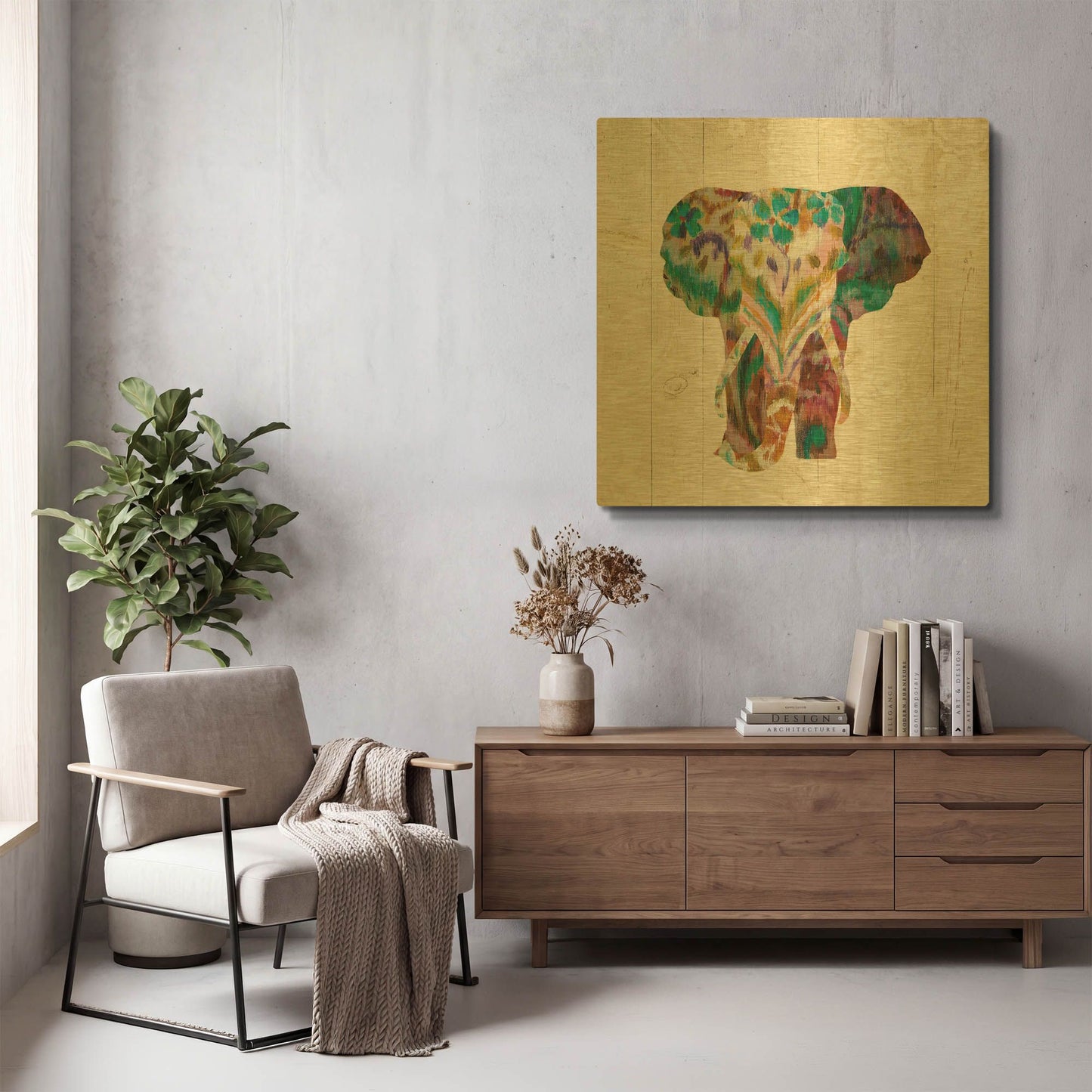 'Boho Paisley Elephant III' By Danhui Nai Gold Metal Wall Art