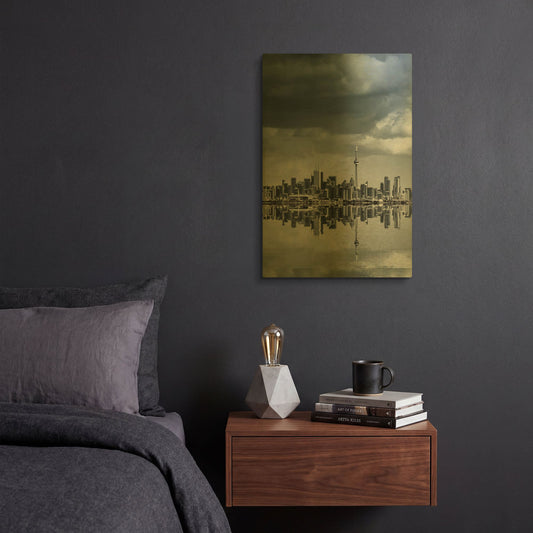 'Toronto Skyline From Colonel Samuel Smith Park Reflection No 1' By Brian Carson Gold Metal Wall Art