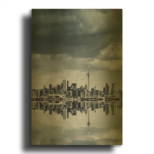 'Toronto Skyline From Colonel Samuel Smith Park Reflection No 1' By Brian Carson Gold Metal Wall Art
